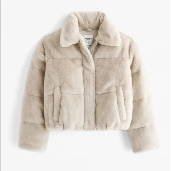 Abercrombie & Fitch Soft Gray Faux Fur Mini Puffer Jacket - Picture 2 of 4